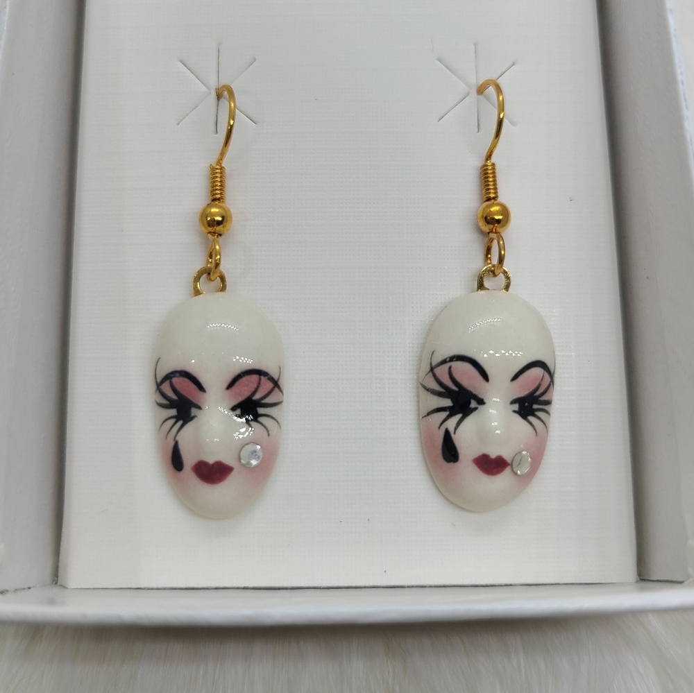 Vintage Fancy Faces Hand Painted Porcelain Mask Dangle Earrings Teardrop
